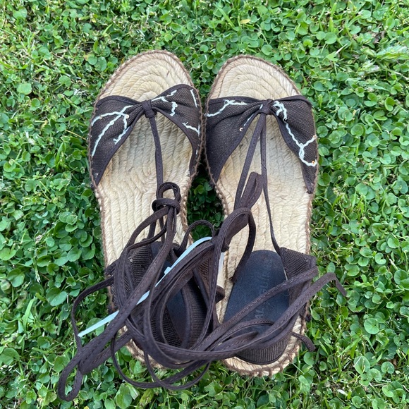 Y2K lace up wedge espadrilles sequin open toe summer brunch boho 39 - Picture 2 of 5